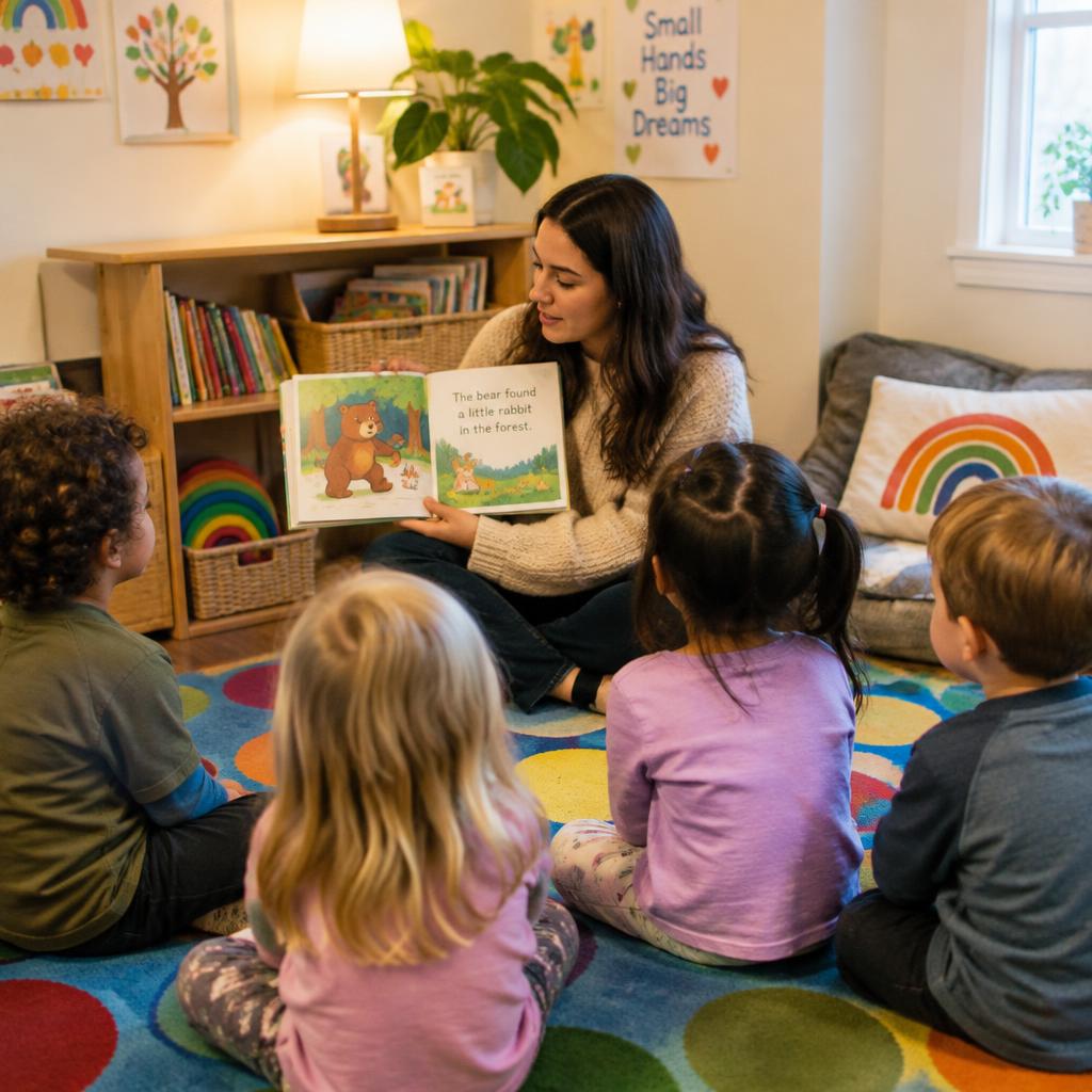 Teacher reading a story to children during circle time
