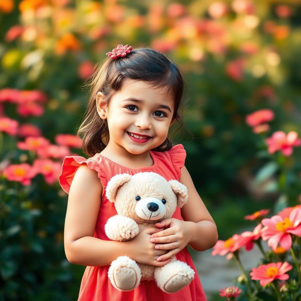 Smiling child holding a teddy bear in a flower garden